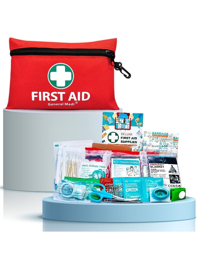 General Medi 110 Pieces Small First Aid Kit - Includes Emergency Foil Blanket, Scissors for Travel, Home, Office, Vehicle, Camping, Workplace & Outdoor (Red) - Image 1